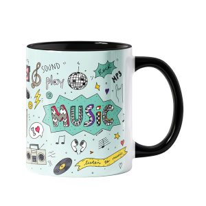 ماگ موسیقی Music با داخل و دسته‌ی مشکی و طرح دودل موسیقی روی زمینه‌ی سبز نعنایی