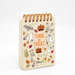 دفترچه یادداشت طرح هالووین با نوشته‌ی TRICK OR TREAT، کدو تنبل، روح و خفاش